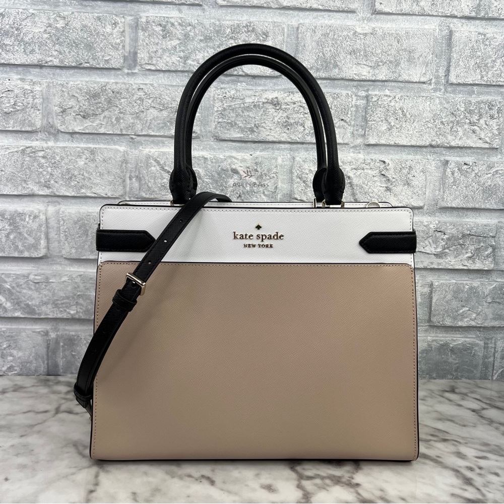 Kate Spade Staci Warm Beige Colorblock Large Satchel Crossbody - Picture 1 of 12